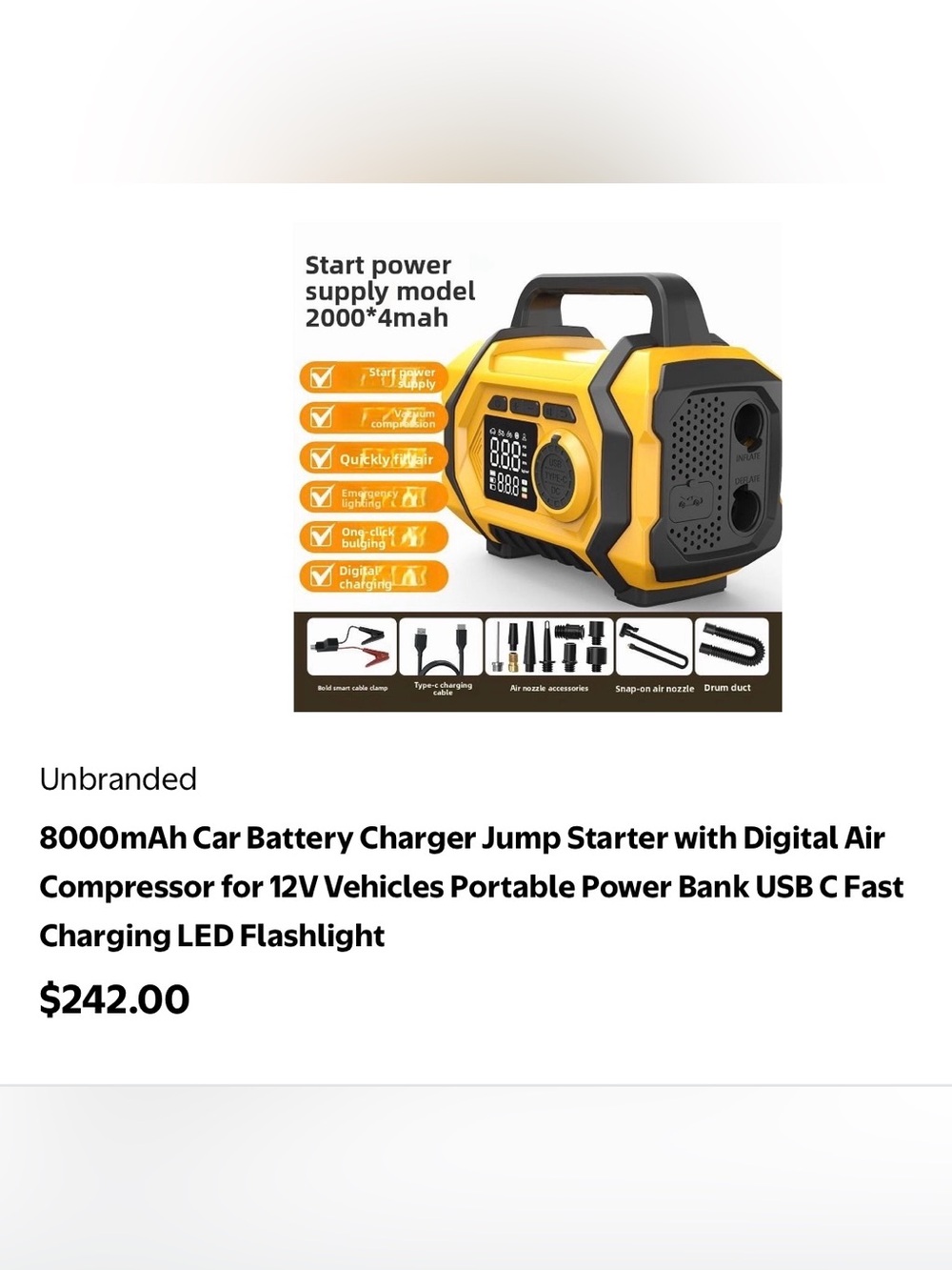 Yellow 8000mAh Car Jump Starter with Digital Air Compressor & LED Flashlight